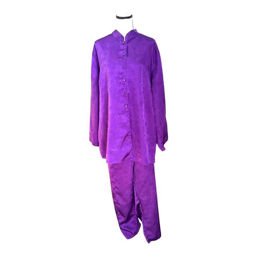 Vtg Valerie Stevens Purple Satin Jacquard Lounge PJ Set 2XL Hong Kong